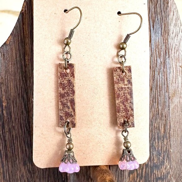 Leather and Flower Earrings Pink Czech Pressed Glass Beads - Picture 1 of 5